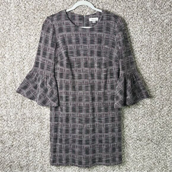 Calvin Klein Dress Women’s 10 Black, Red & White Lightweight Plaid Tweed Sheath - Picture 1 of 7